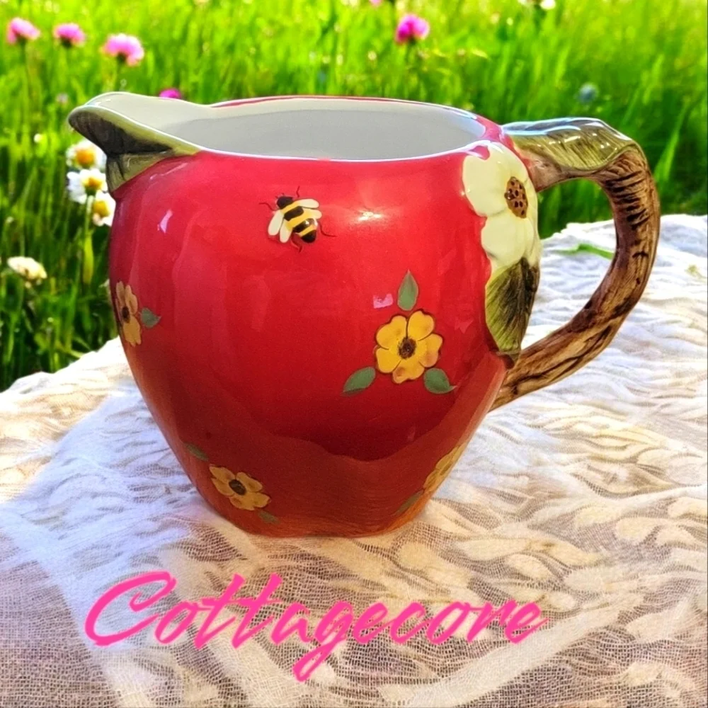 Susan Winget Red Apple Blossom Honey Bees Pitcher Cracker Barrel Cottagecore